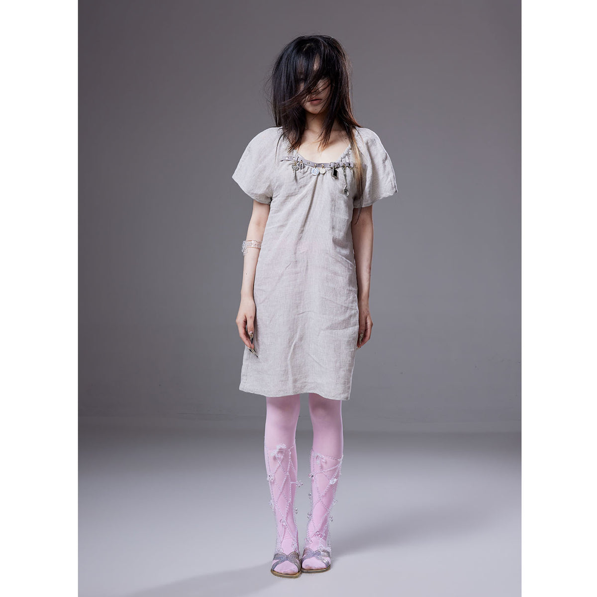 (pre-order)linen dress with belt-buckle charms decoration