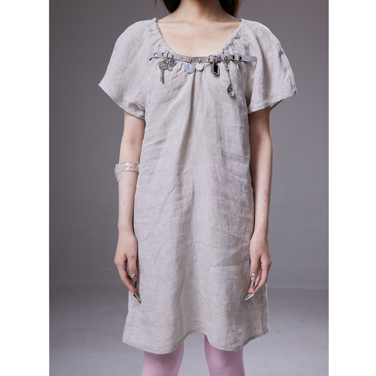 (pre-order)linen dress with belt-buckle charms decoration