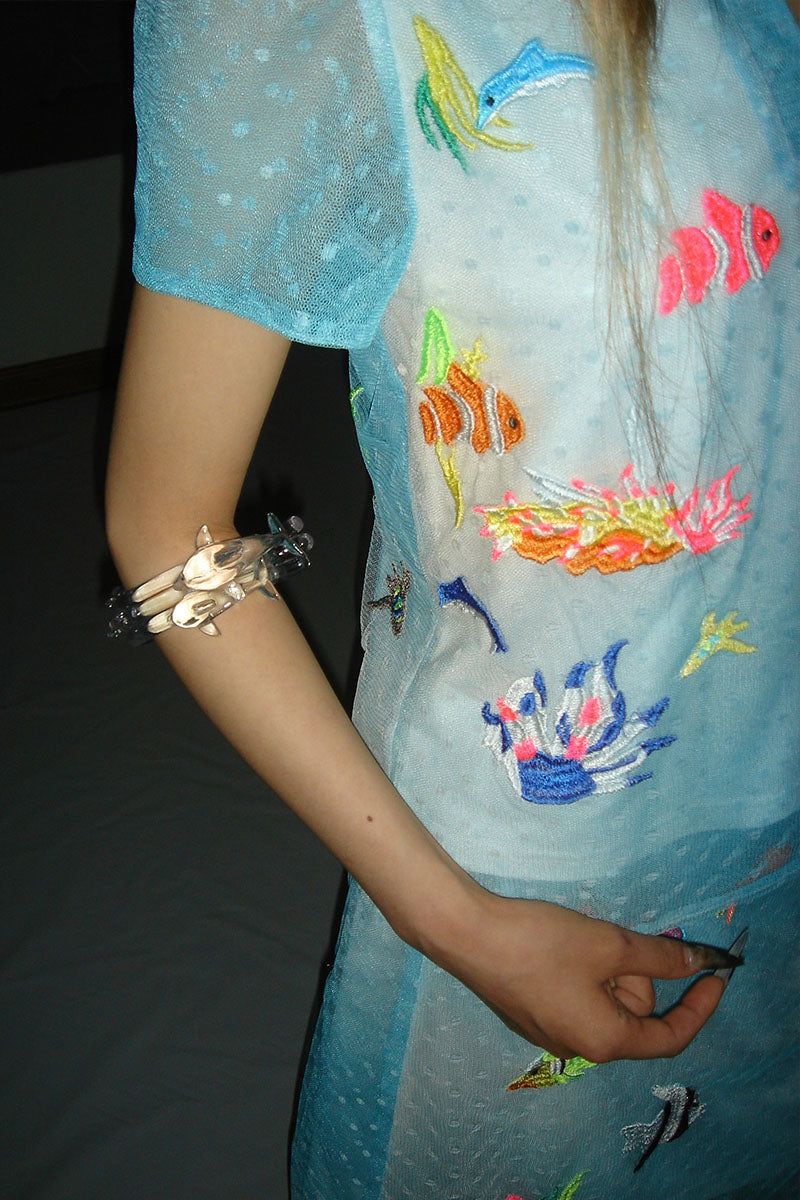 (pre-order)marine-creature embroidered mesh short-sleevetop