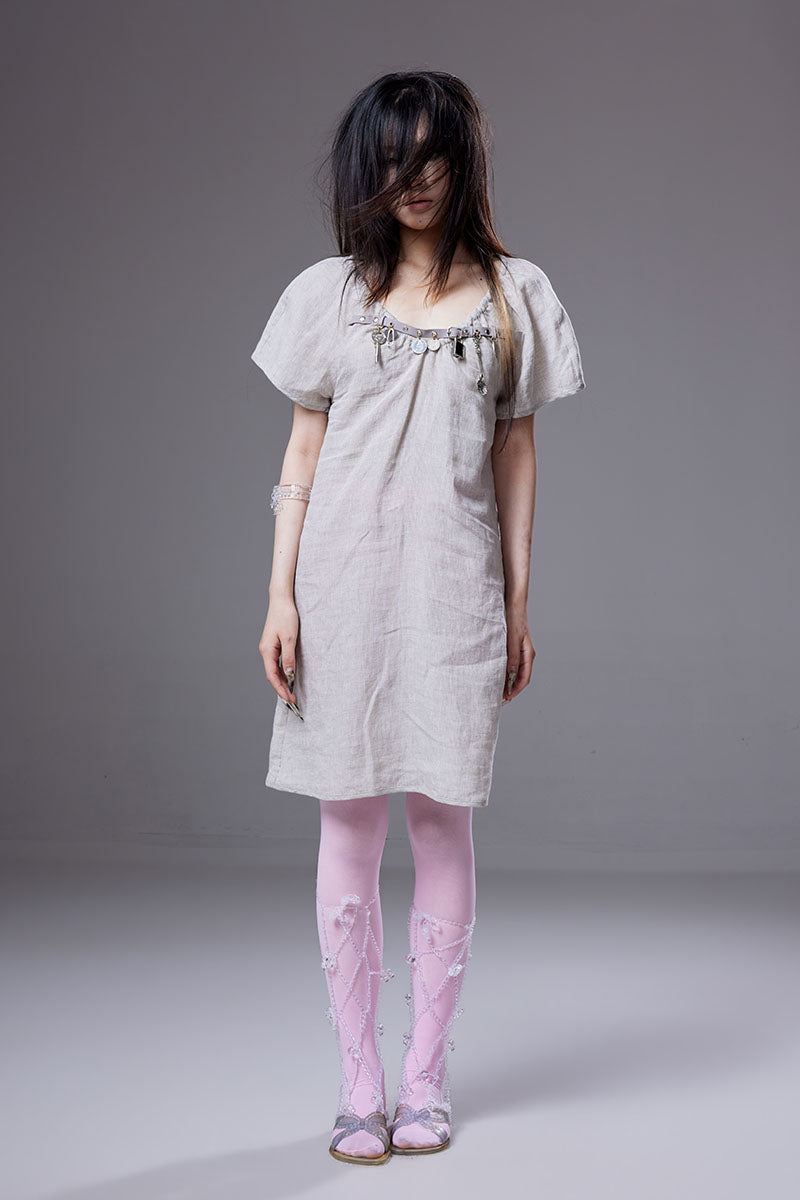 (pre-order)linen dress with belt-buckle charms decoration
