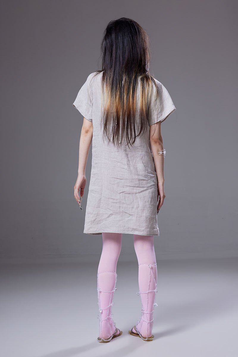 (pre-order)linen dress with belt-buckle charms decoration