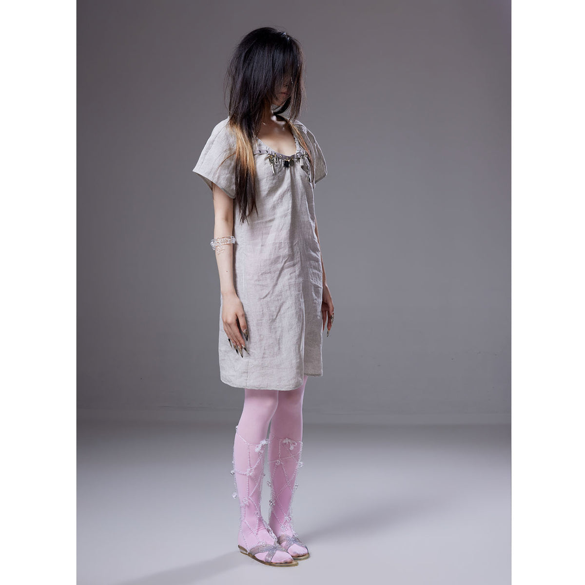 (pre-order)linen dress with belt-buckle charms decoration