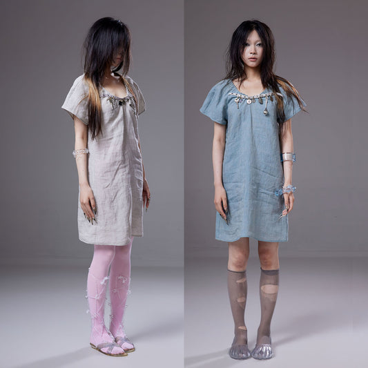 (pre-order)linen dress with belt-buckle charms decoration