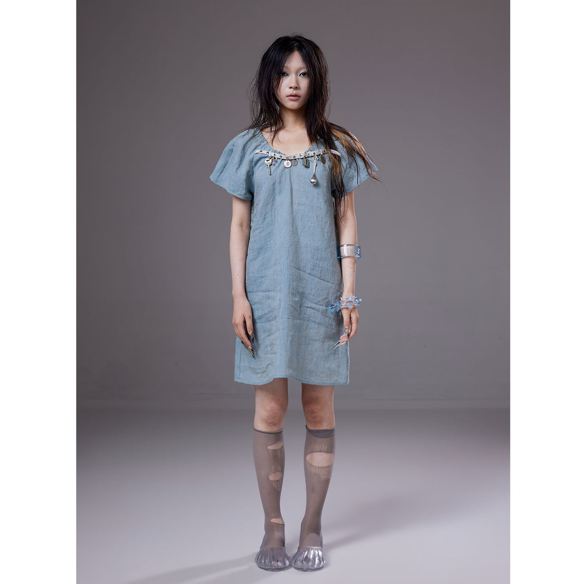 (pre-order)linen dress with belt-buckle charms decoration
