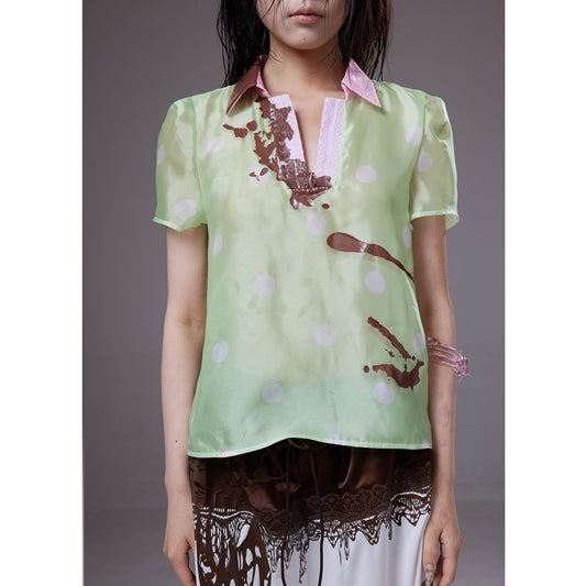 (pre-order)fruit-green polka dot  mesh short-sleeve shirt