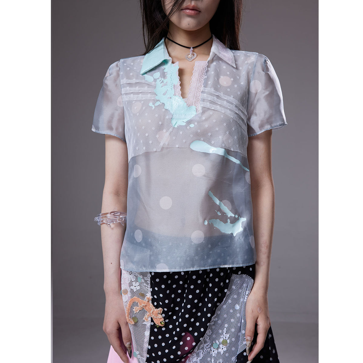 (pre-order)grey polka dot  mesh short-sleeve shirt