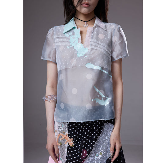 (pre-order)grey polka dot  mesh short-sleeve shirt