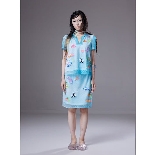 (pre-order)marine-creature embroidered mesh skirt