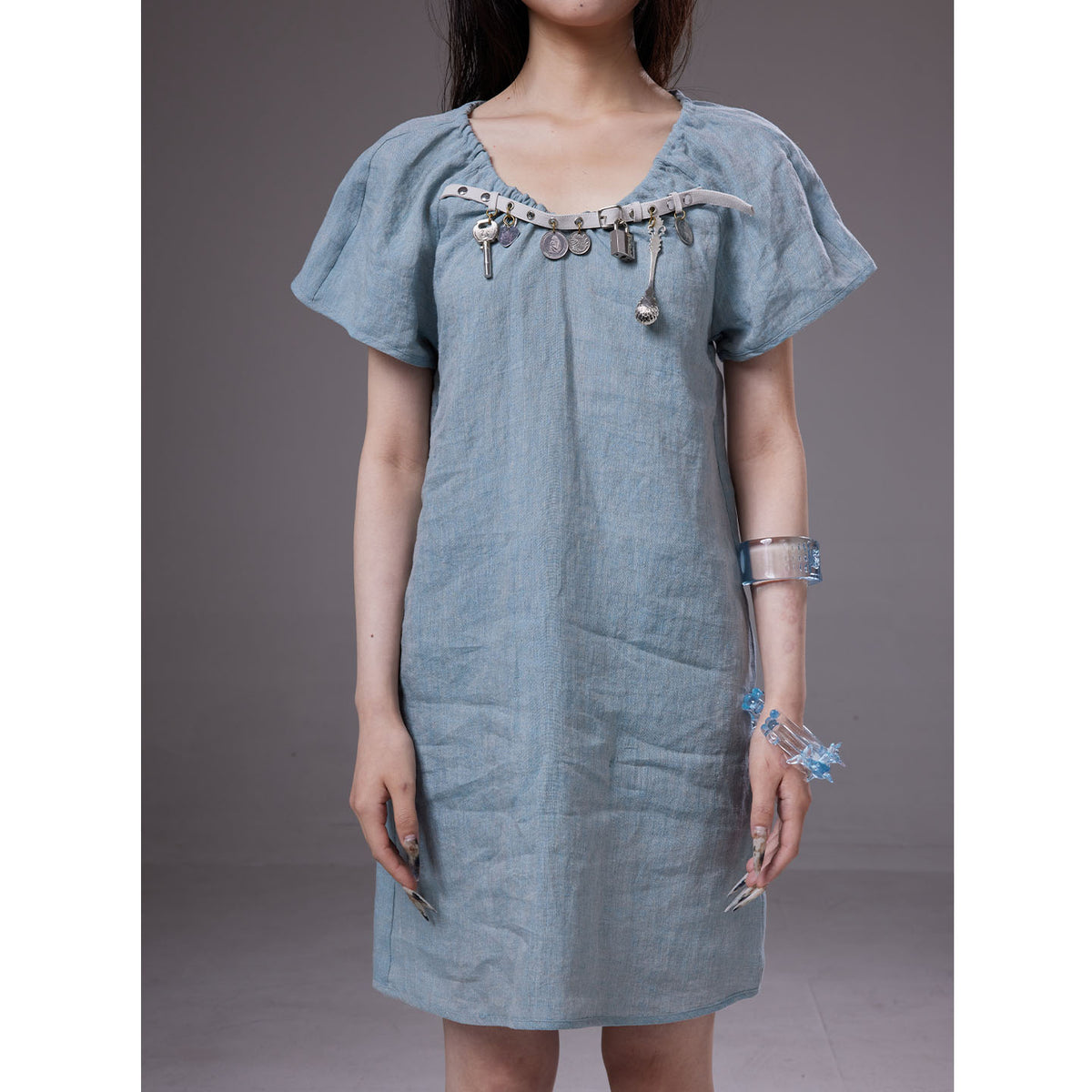 (pre-order)linen dress with belt-buckle charms decoration