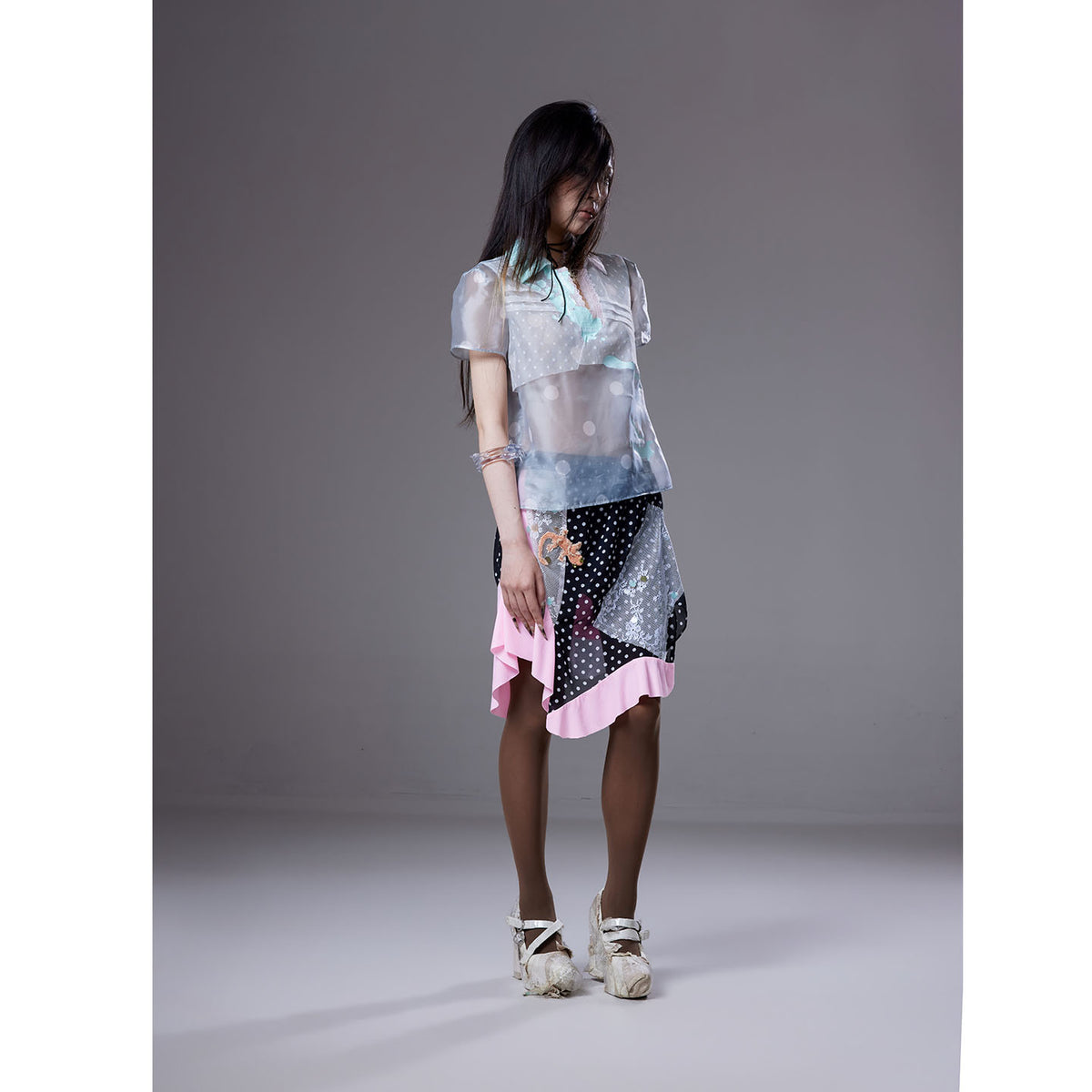(pre-order)grey polka dot  mesh short-sleeve shirt
