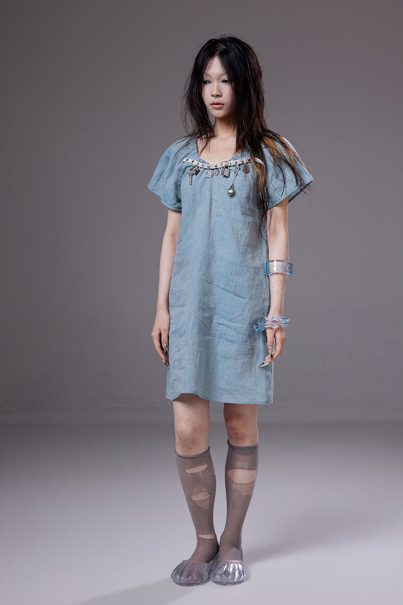 (pre-order)linen dress with belt-buckle charms decoration