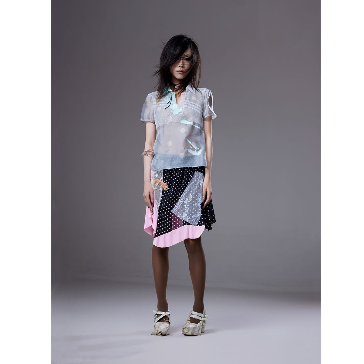 (pre-order)grey polka dot  mesh short-sleeve shirt