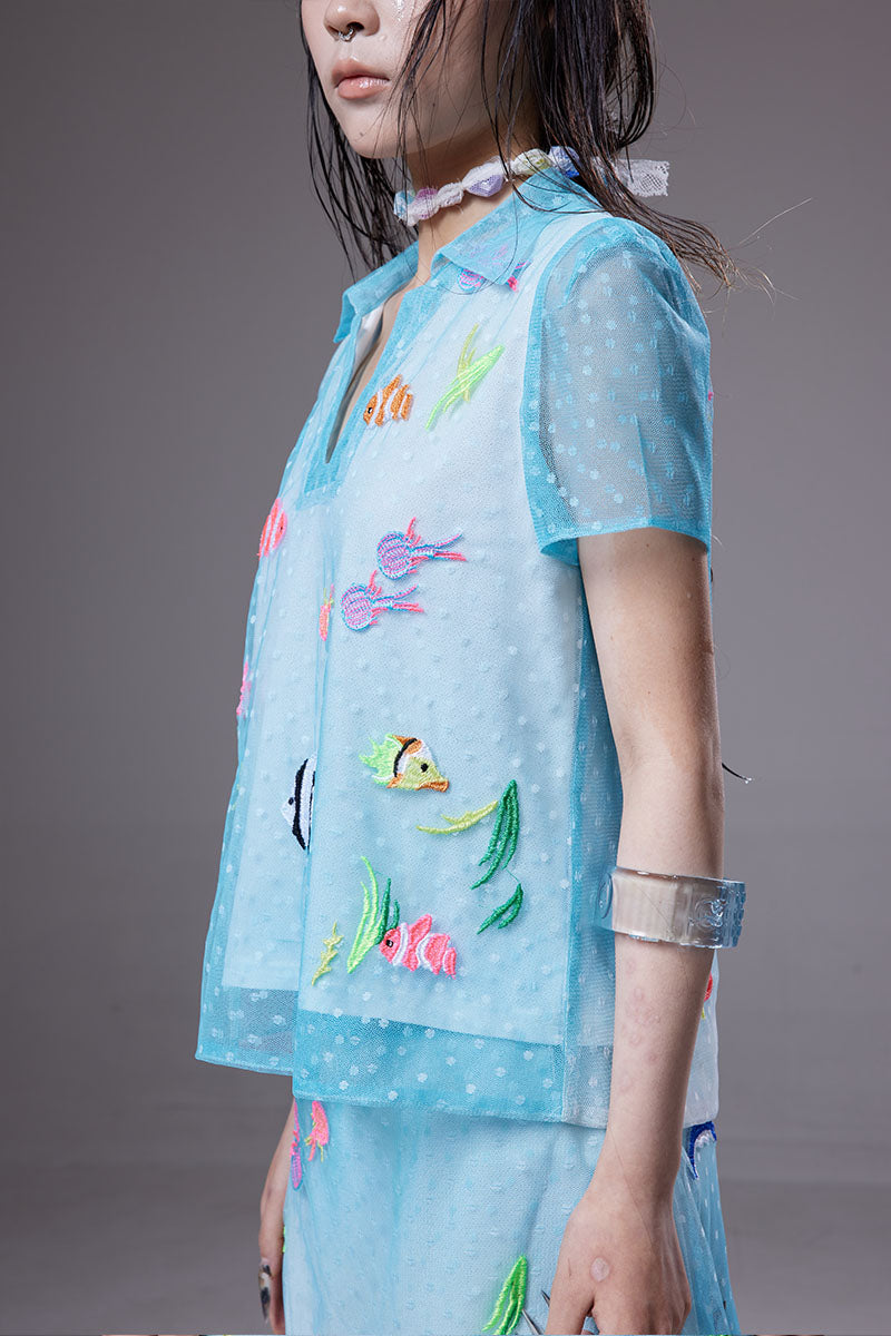 (pre-order)marine-creature embroidered mesh short-sleevetop