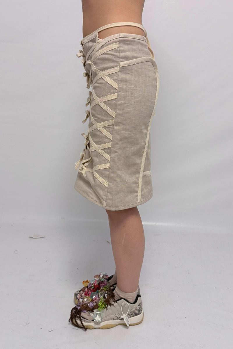 (pre-order)mesh linen lace-up skirt