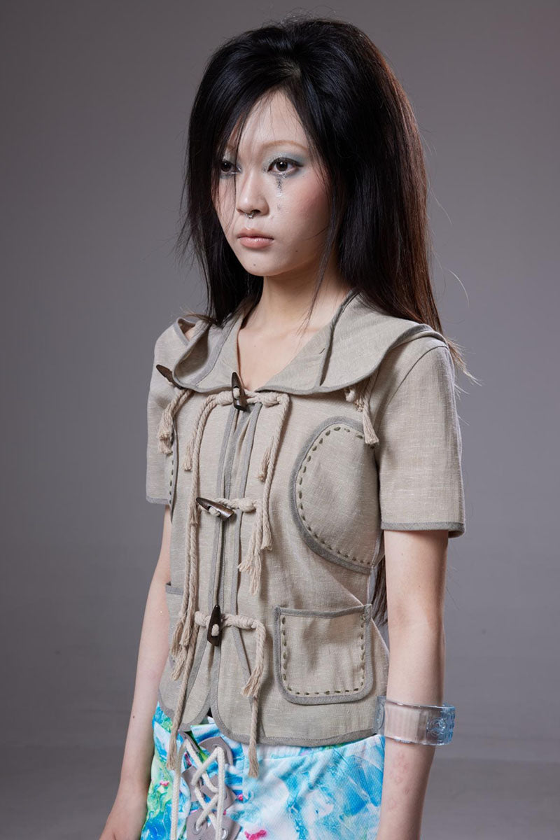 (pre-order)linen horn-button short-sleeve cardigan
