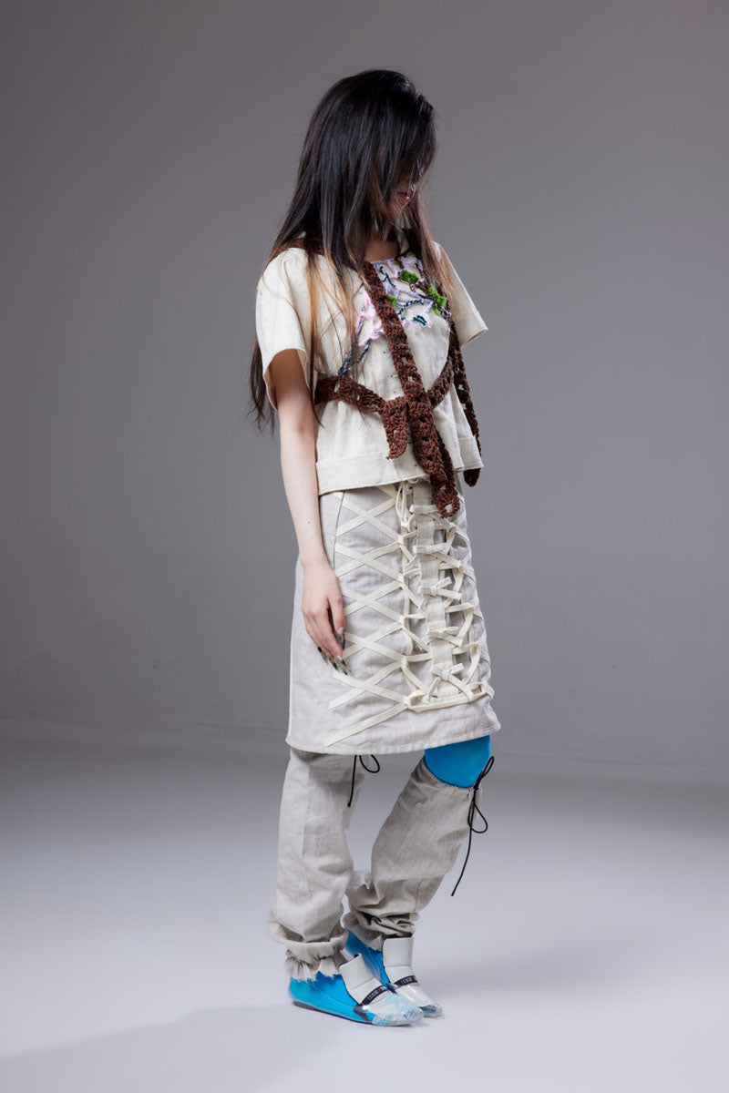 (pre-order)mesh linen lace-up skirt