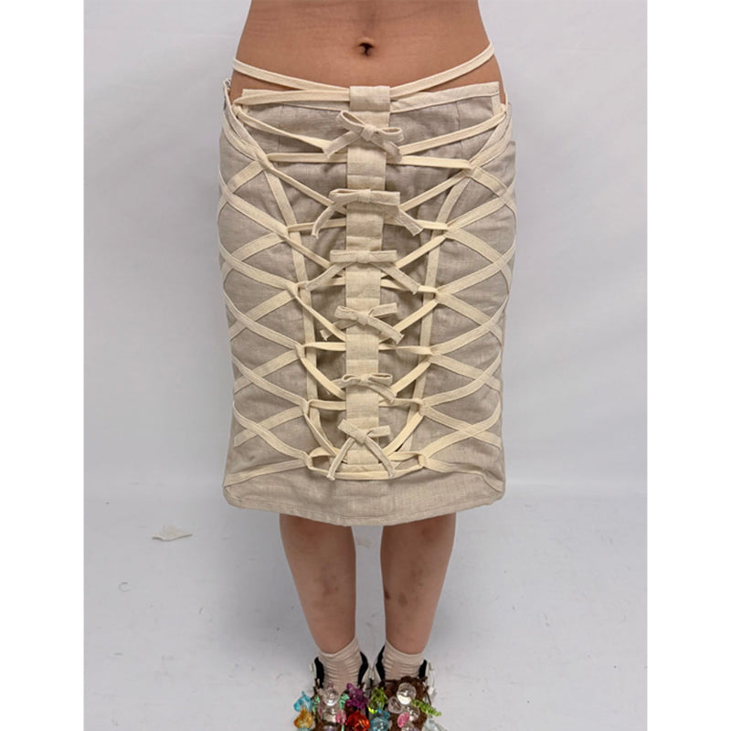 (pre-order)mesh linen lace-up skirt