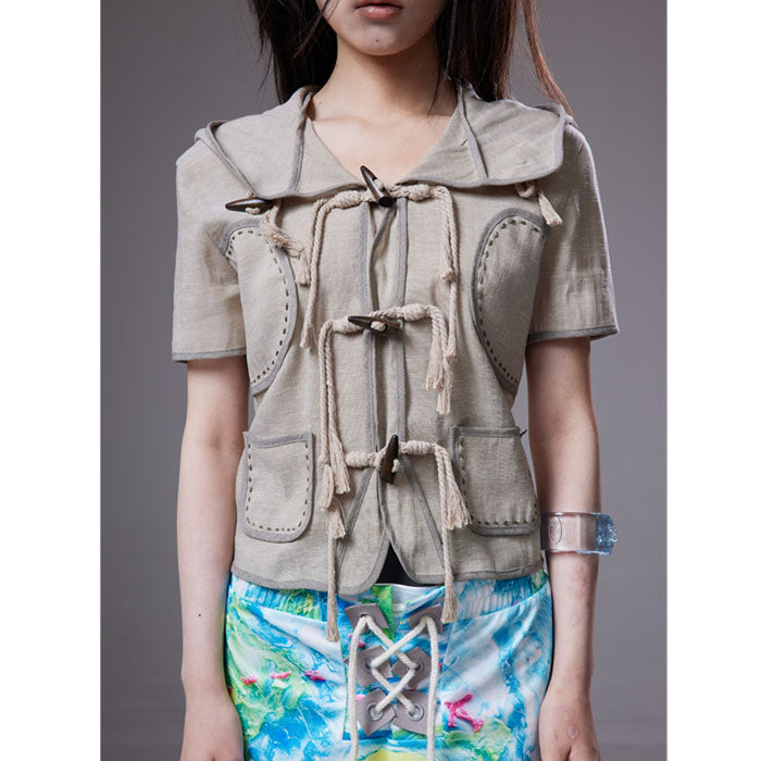 (pre-order)linen horn-button short-sleeve cardigan
