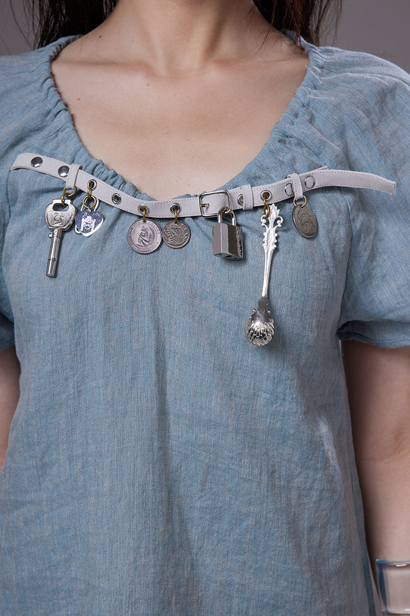 (pre-order)linen dress with belt-buckle charms decoration