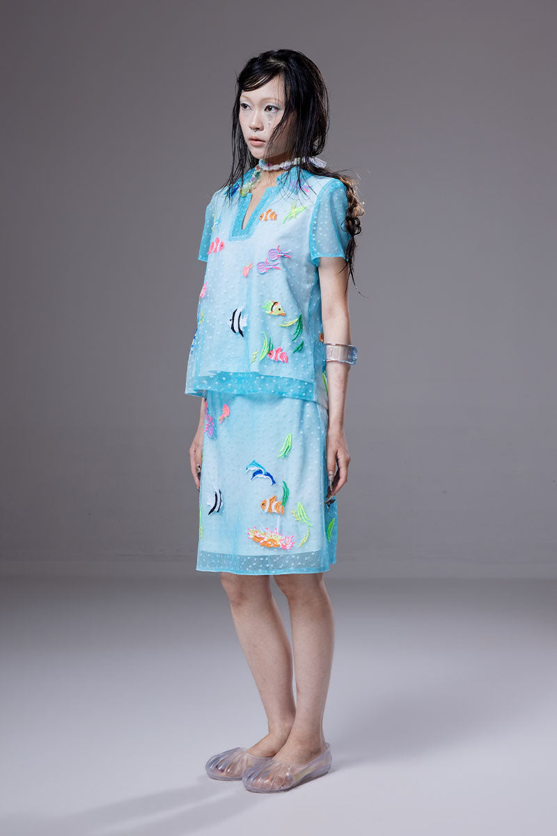 (pre-order)marine-creature embroidered mesh short-sleevetop