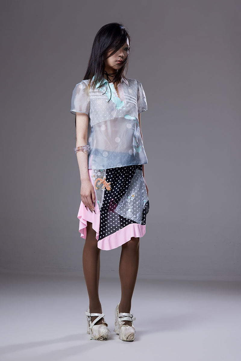 (pre-order)gecko hand-embroidered asymmetric spliced skirt