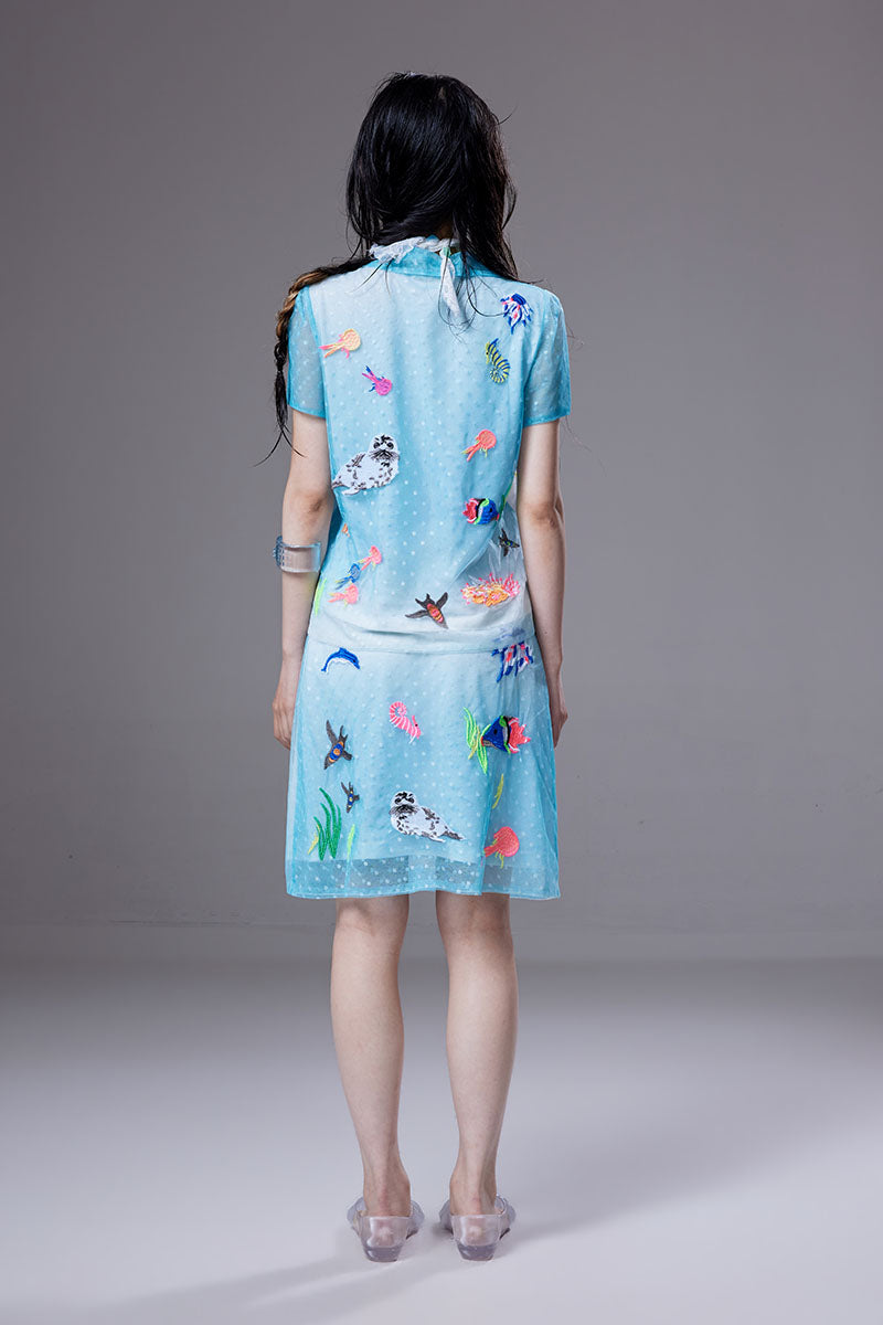 (pre-order)marine-creature embroidered mesh short-sleevetop